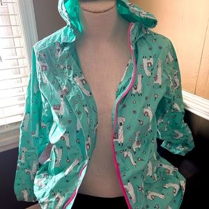 Lands’ End Rain Jacket. Turquoise with pink accents! Like new condition!
